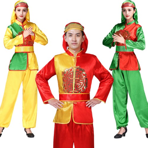 Women's men's chinese folk dance costumes yangko drummer dragon dance china style stage performance costumes tops and pants